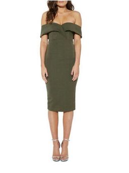 Mossman Off Shoulder Midi Dress Khaki Size 12 for rent on The Volte - image 1