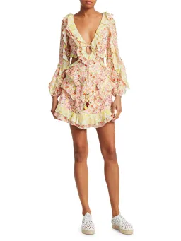 Zimmermann Goldie Spliced Cutout Ruffled Linen Mini Dress Floral Size 2 / Au 12 for rent on The Volte - image 1