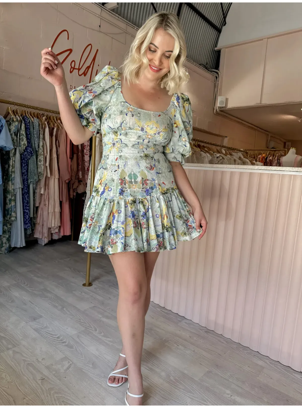 Leo and Lin Verde Puff Sleeve Mini Dress Floral Size AU 12 - Image 2