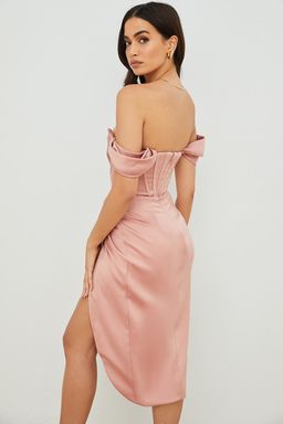 House Of CB Loretta Blush Satin Off Shoulder Midi Dress Pink Size 8  for rent on The Volte - image 2