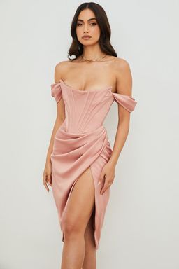House Of CB Loretta Blush Satin Off Shoulder Midi Dress Pink Size 8  for rent on The Volte - image 3