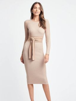 Kookai Sadie Crew Neck Belted Dress Nude Size 10 for rent on The Volte - image 1