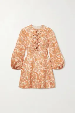 Zimmermann Peggy Tie-detailed Paisley-print Linen Mini Dress In Orange Paisley Size 01 for rent on The Volte - image 3