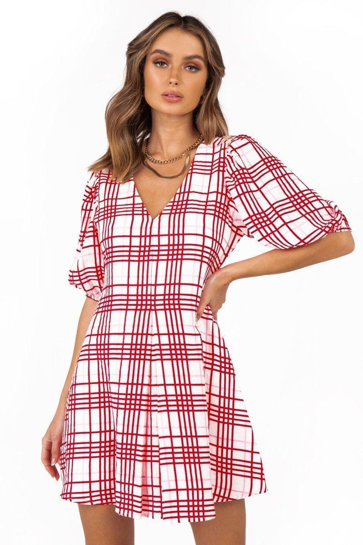 Dissh Emme Pink Check Mini Dress Print Size 8 - Image 3