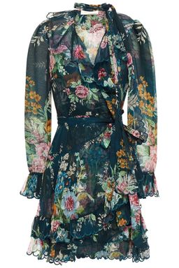 Zimmermann Wavelength Scallop Ruffled Wrap Around Mini Dress Teal Daphne Floral Print Size 1 / AU 10 for rent on The Volte - image 4