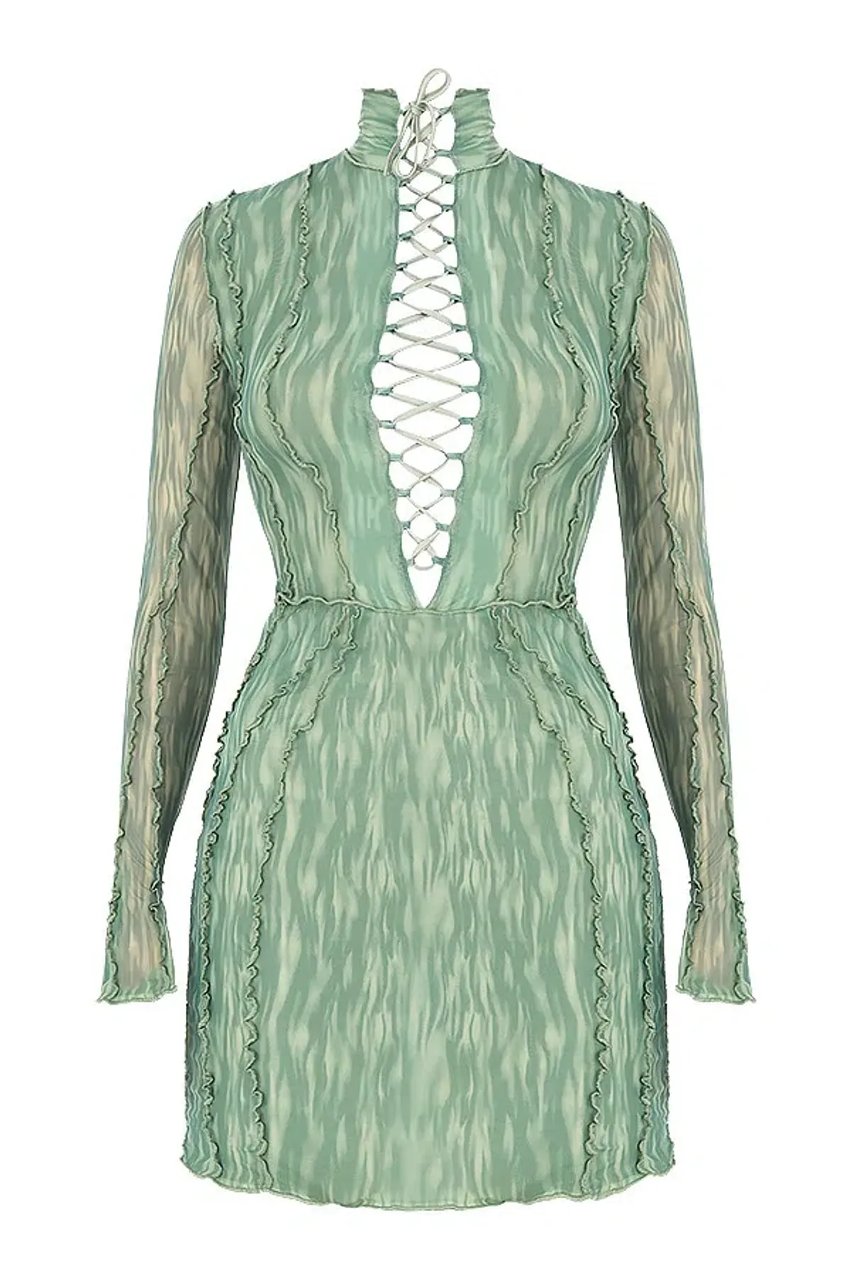 House of CB 'Dylan' Ivy Printed Mesh Lace Up Mini Dress Green Size 8 - Image 5