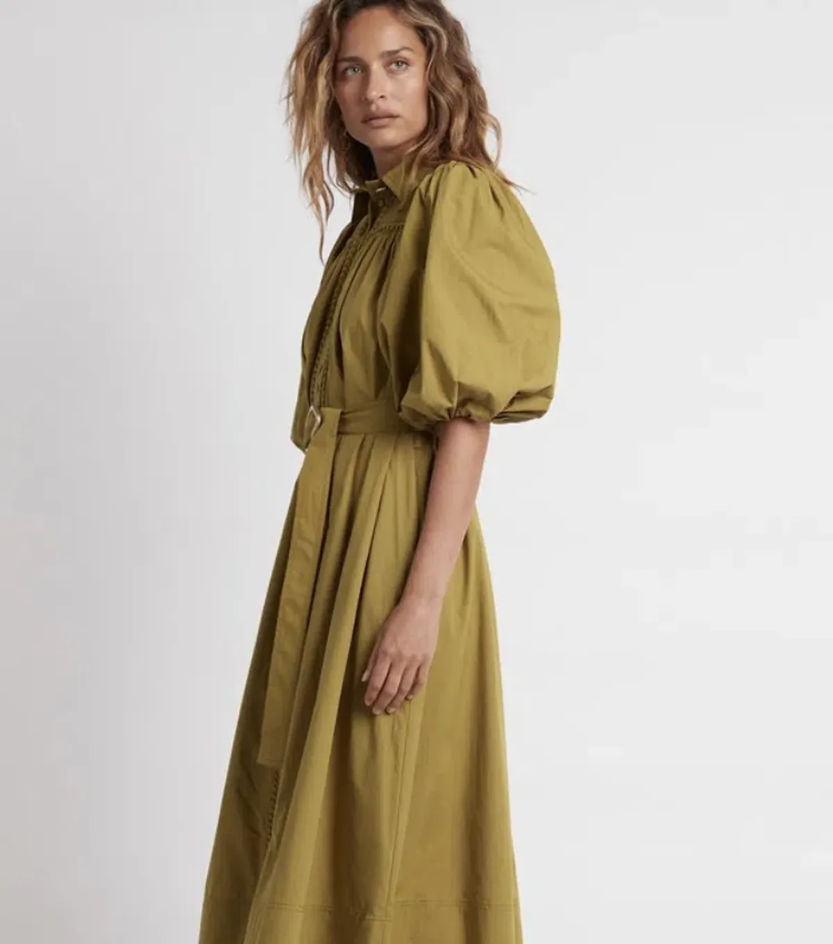 Aje Casabianca Puff Sleeve Shirt Dress in Olive Green - Size 6 - Image 2