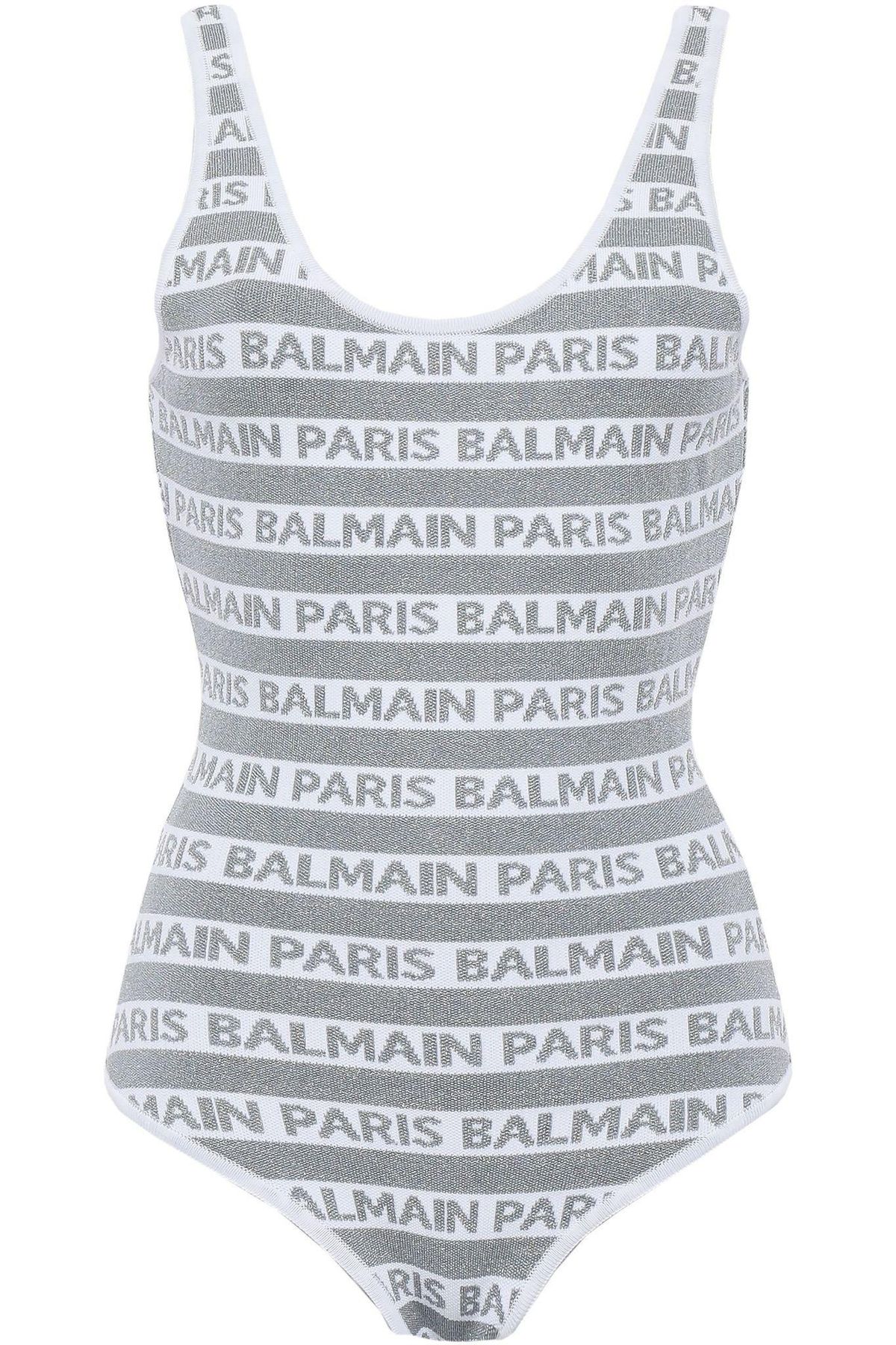 Balmain Metallic Silver Jacquard Logo Bodysuit Size 36 /XS - Image 3