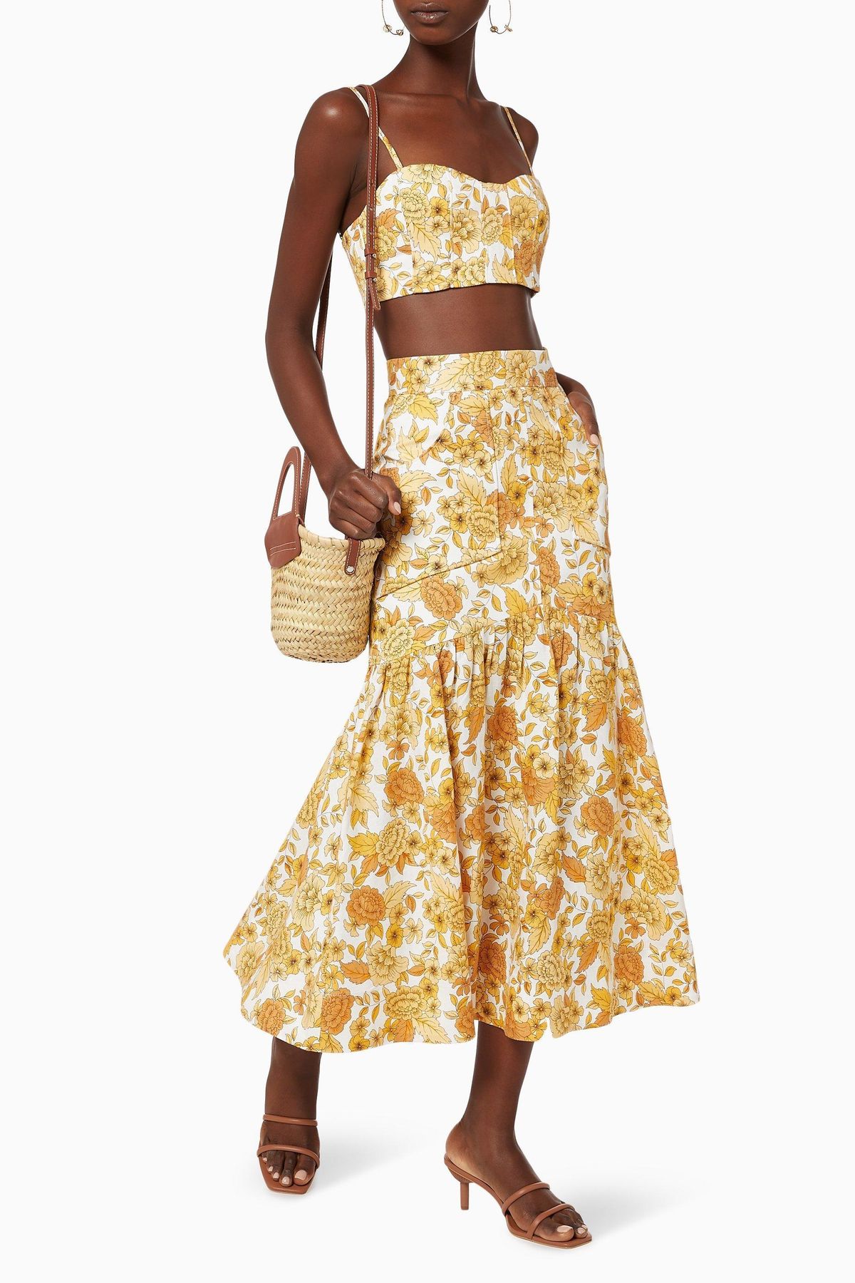 Shona Joy Margarita Linen Fitted Crop Top and Midi Skirt Set Print Size 10  - Image 1