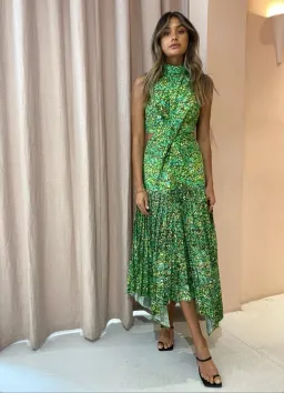 Alémais Phyllis Twist Front Pleat Dress Acid Green Size 6  for rent on The Volte - image 1