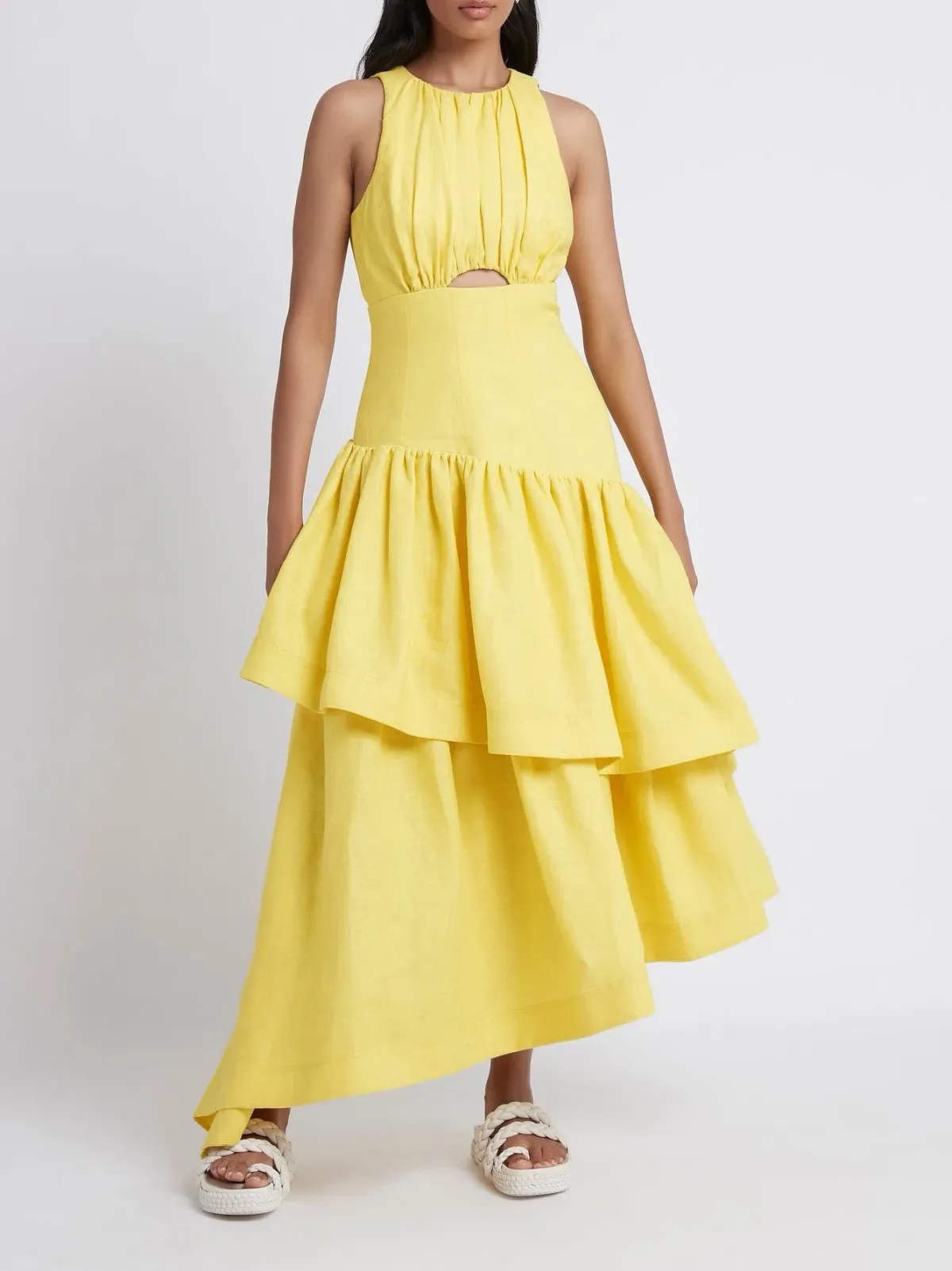 Aje Caliente Tiered Cut Out Dress Yellow Size 6 - Image 1