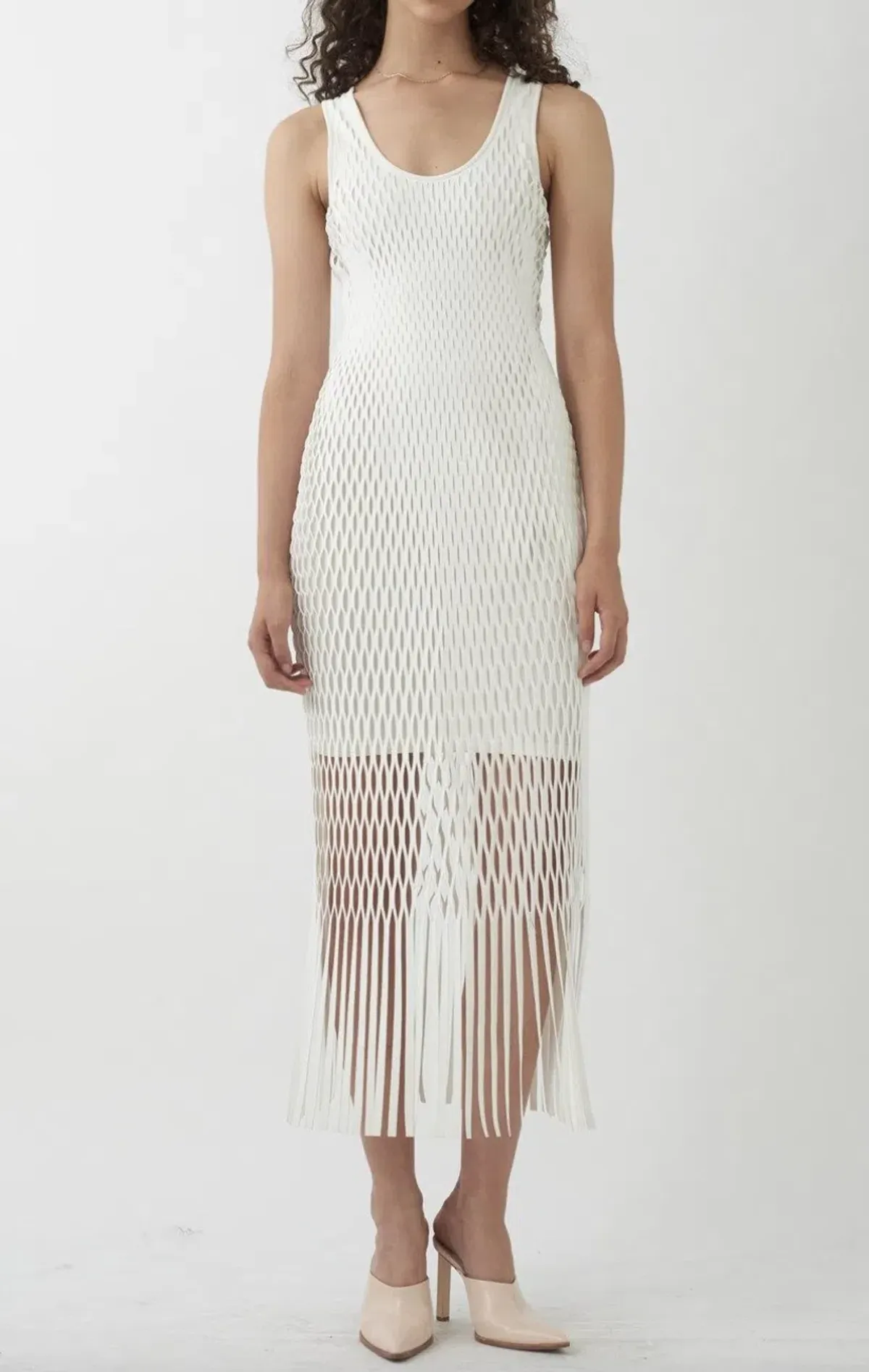 Off-White Long Laser-Cut Dress with Fringes - Image 1