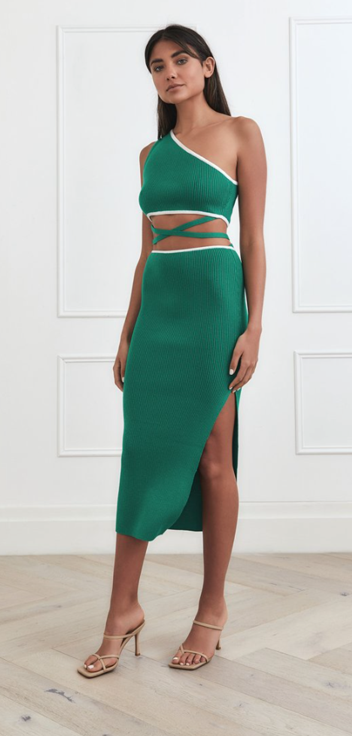 San Sloane Ariana Rib Midi Dress Green-White - Image 2