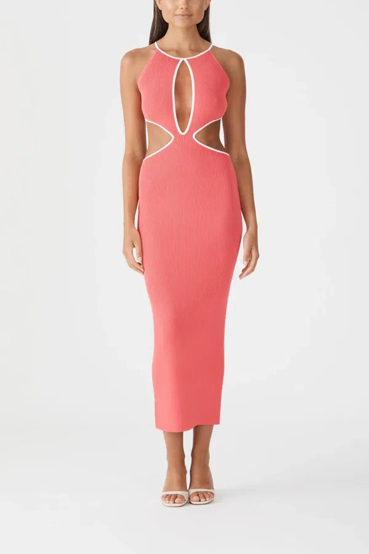 San Sloane Adrian Rib Midi Dress Coral-White Size 6  - Image 2