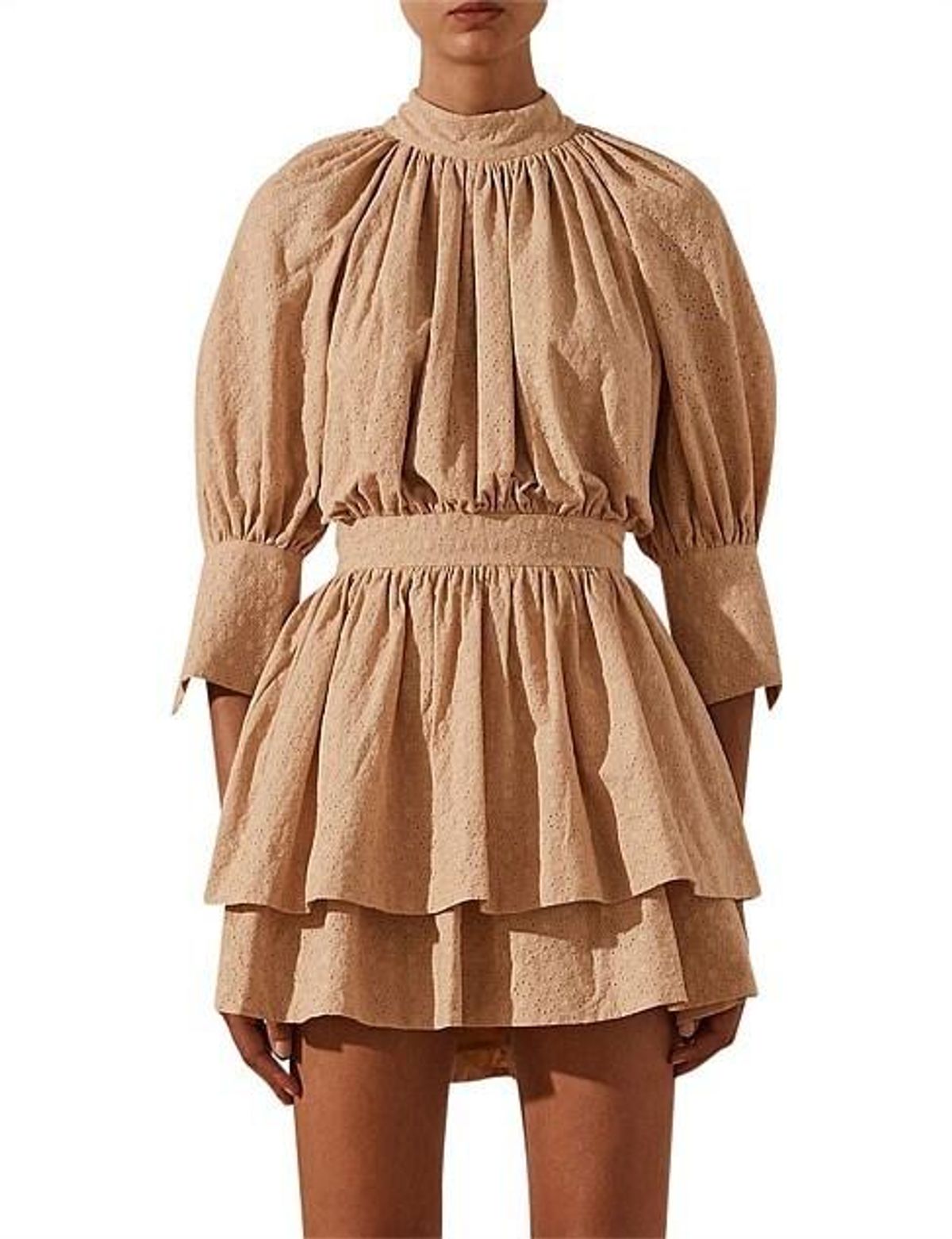 Shonay Joy Magnolia High Neck Open Back Mini Dress in Peanut - Image 2