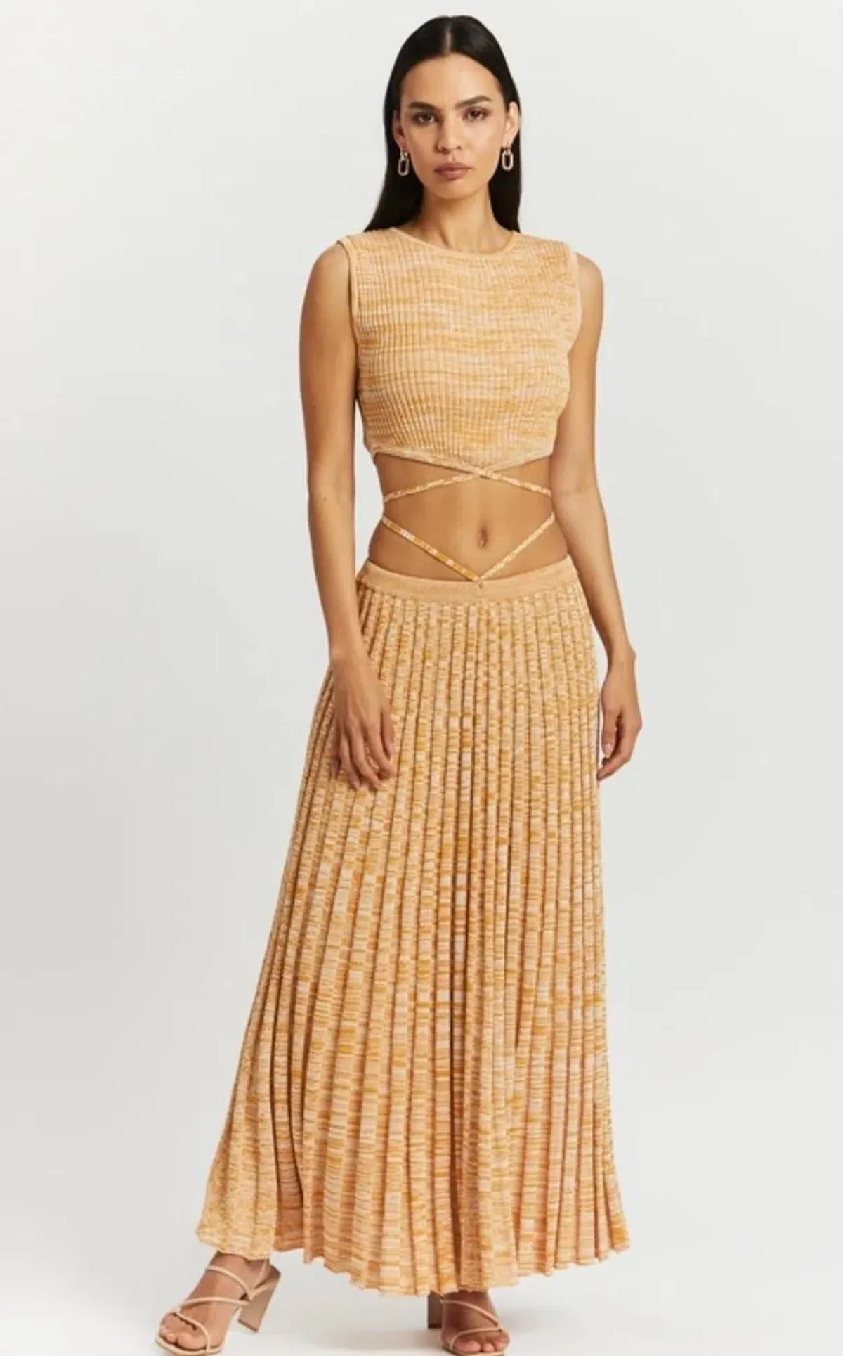 Christopher Esber Sleeveless Knit Tie Crop Top and Pleated Knit Tie Skirt Set Dune Marle Size 6 - Image 2