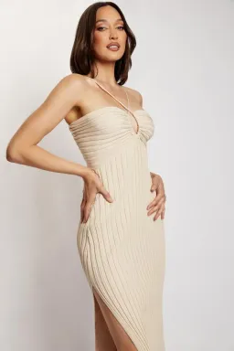 Meshki Lori Ruched Front Knit Midi Dress Champagne Size S for rent on The Volte - image 1