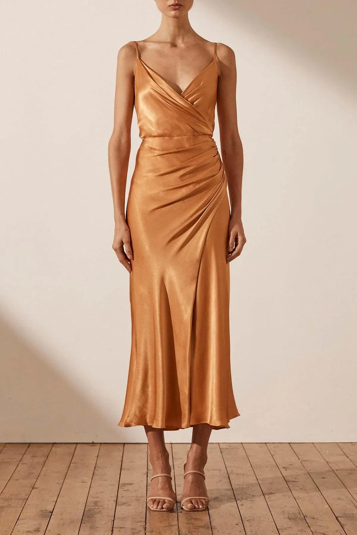 SHONA JOY GALA DRAPED MIDI DRESS GOLDEN OAK - Image 1