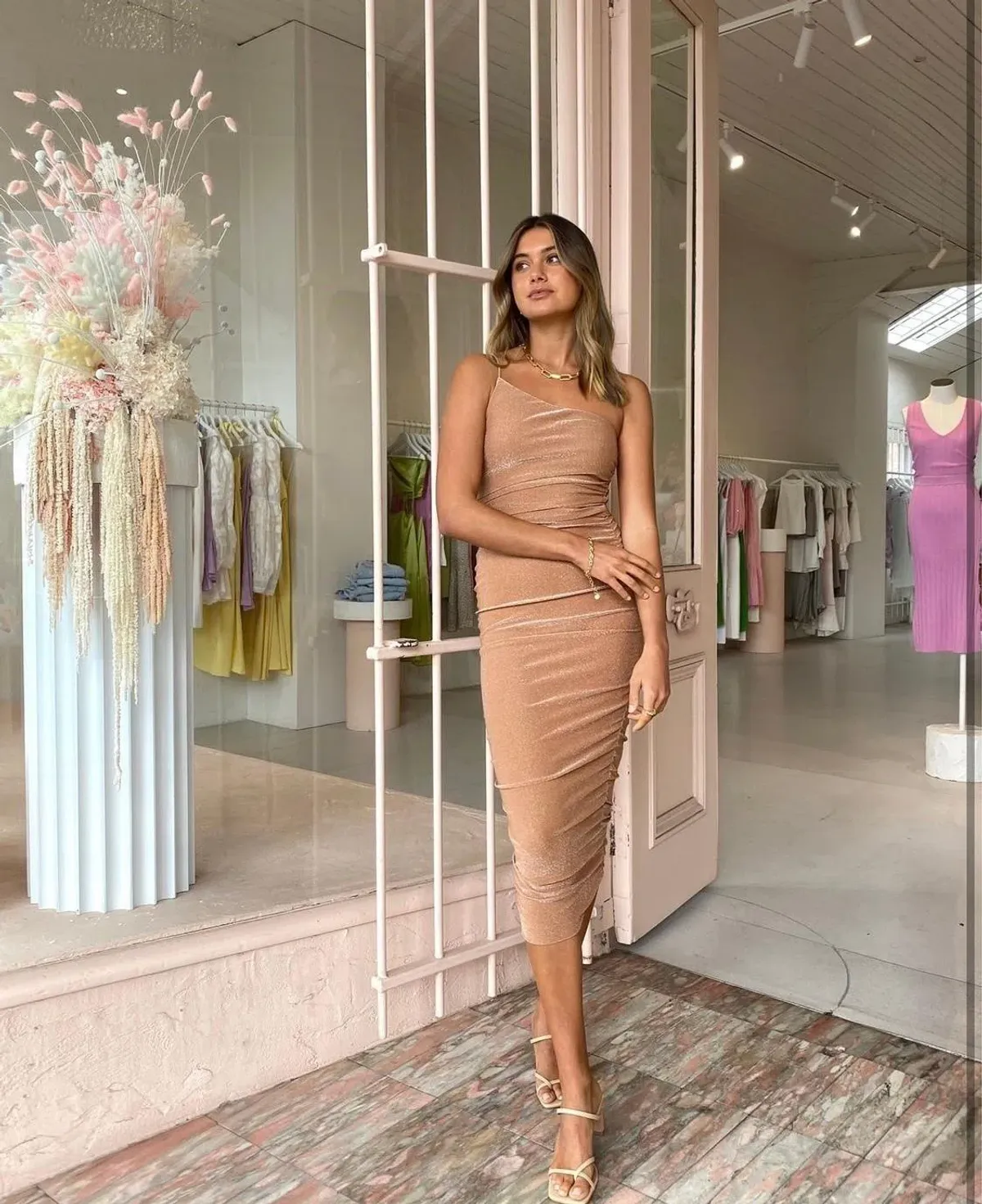 Third Form Shimmer One Shoulder Midi Dress Peach Size 8 - Image 3