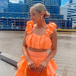 Aje Medina Ruched Crop Top and Tiered Midi Skirt Set Orange Size 6 for rent on The Volte - image 4