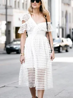 Self Portrait Asymmetric Ruffle Off the Shoulder Dress White Size 14 for rent on The Volte - image 2