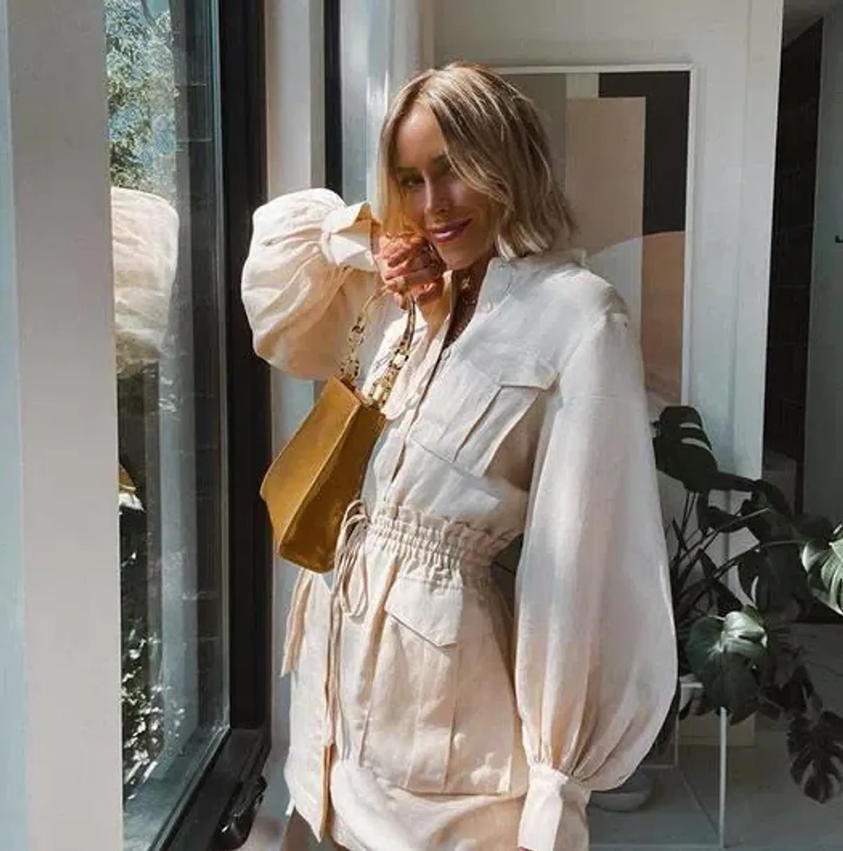 Shona Joy Ellington Linen Balloon Sleeve Mini Dress Cream Size 8 - Image 3