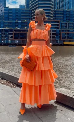 Aje Medina Ruched Crop Top and Tiered Midi Skirt Set Orange Set Size 8 for rent on The Volte - image 2