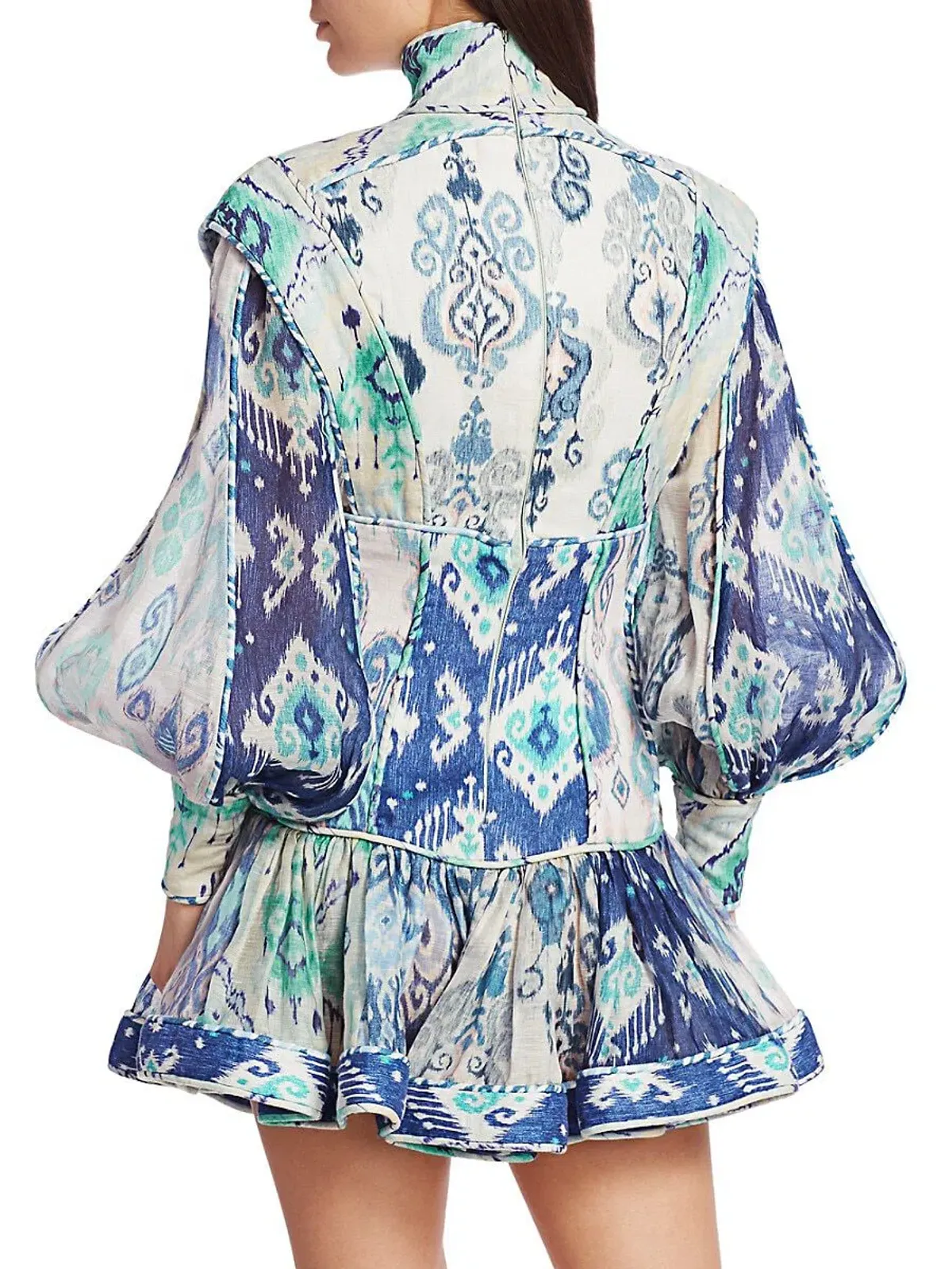 Zimmermann Glassy Long Sleeve Mini Dress Spliced Blue Ikat Print Size 0 / AU 8  - Image 2