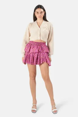 LoveShackFancy Cherry Wine Ruffled Mini Skirt in Purple Print Size 12 for rent on The Volte - image 1