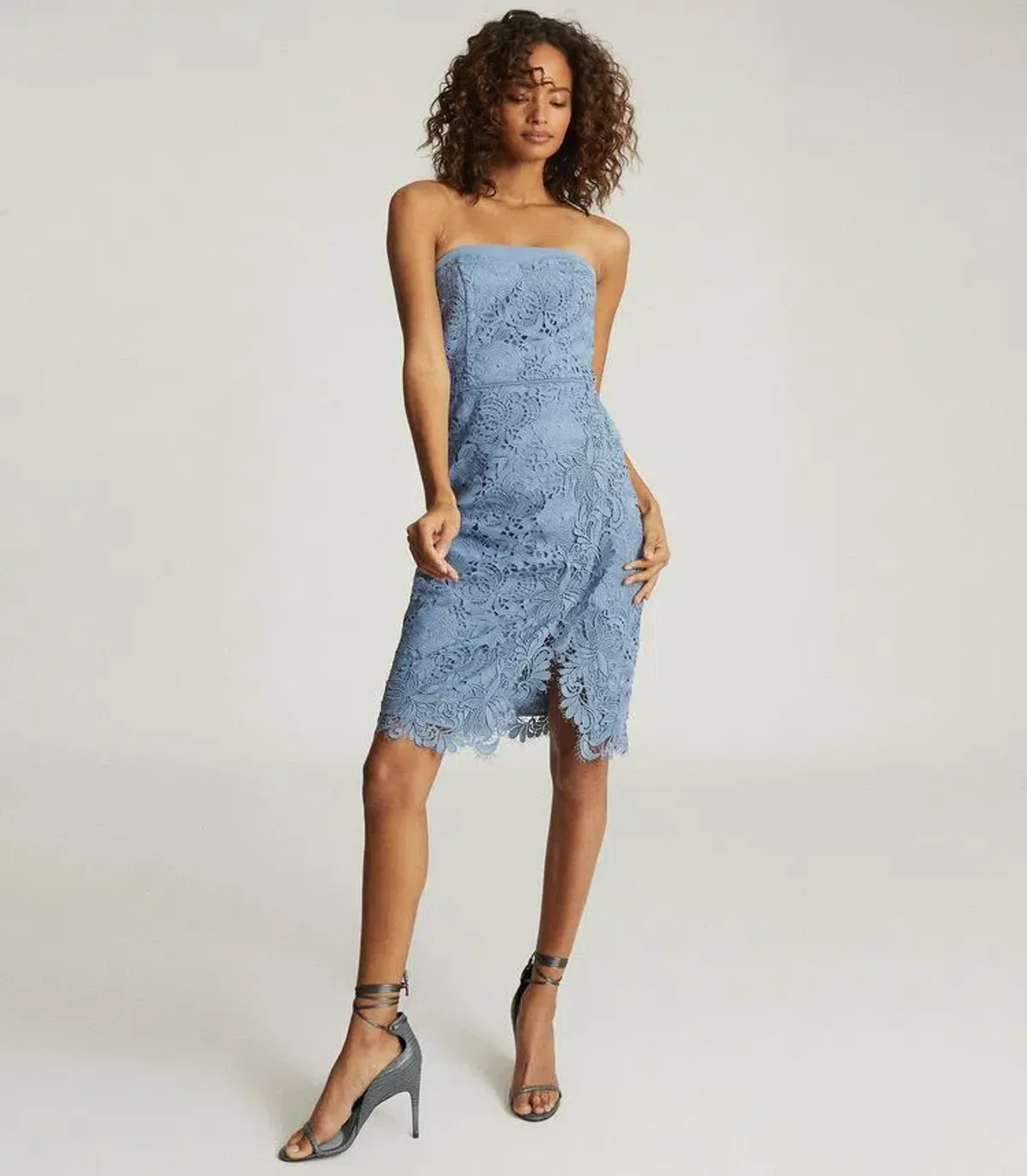 Reiss Finley Lace Bodycon Strapless Dress in Dusty Blue Size 8 - Image 1