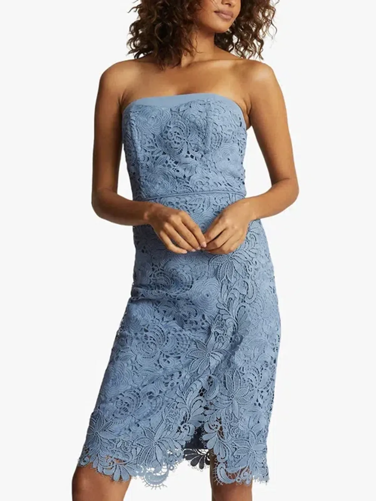 Reiss Finley Lace Bodycon Strapless Dress in Dusty Blue Size 8 - Image 3