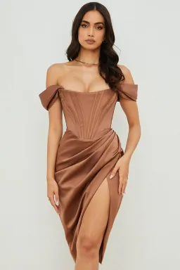 House of CB Loretta Satin Off Shoulder Midi Dress Brown Size XS / Au 6 for rent on The Volte - image 7