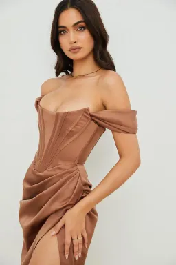 House of CB Loretta Satin Off Shoulder Midi Dress Brown Size XS / Au 6 for rent on The Volte - image 2
