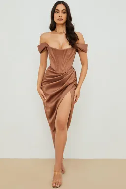 House of CB Loretta Satin Off Shoulder Midi Dress Brown Size XS / Au 6 for rent on The Volte - image 1
