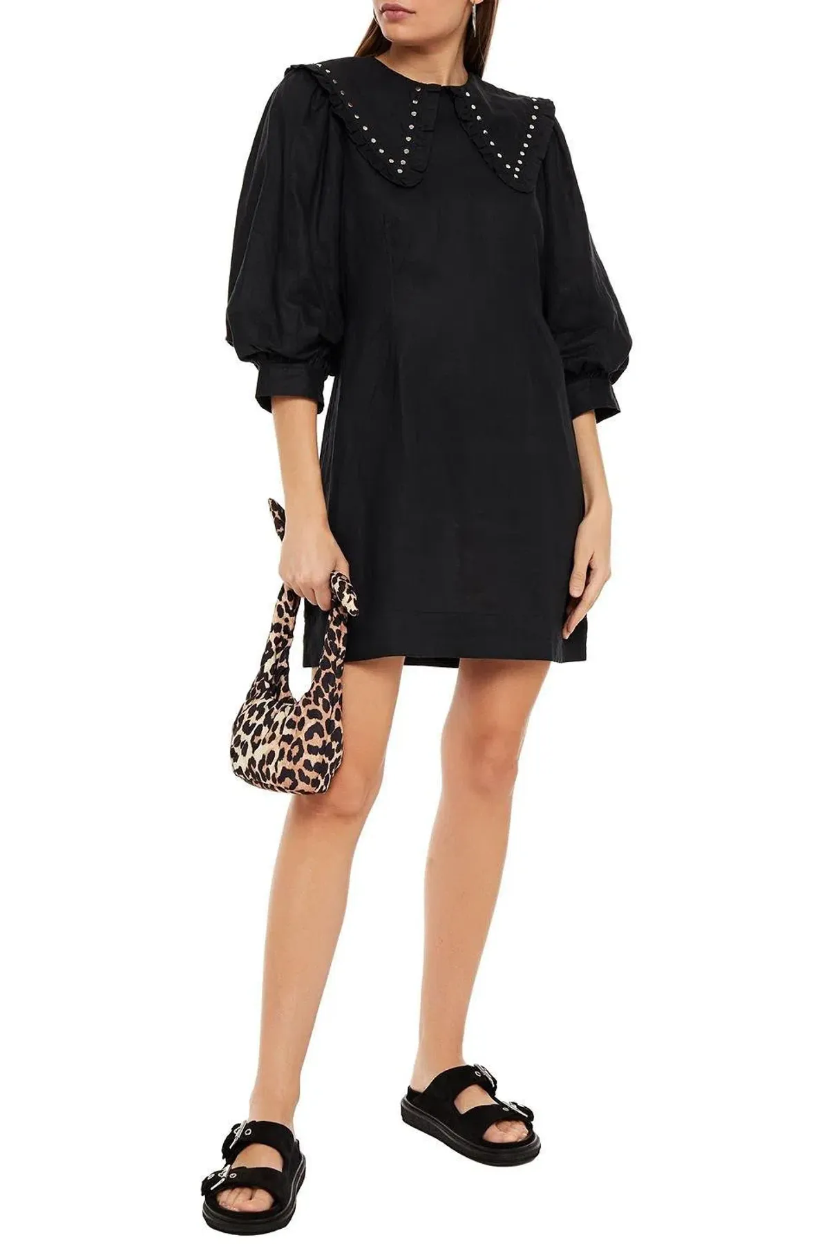 Ganni Studded Linen Mini Dress Black Size 8 - Image 1