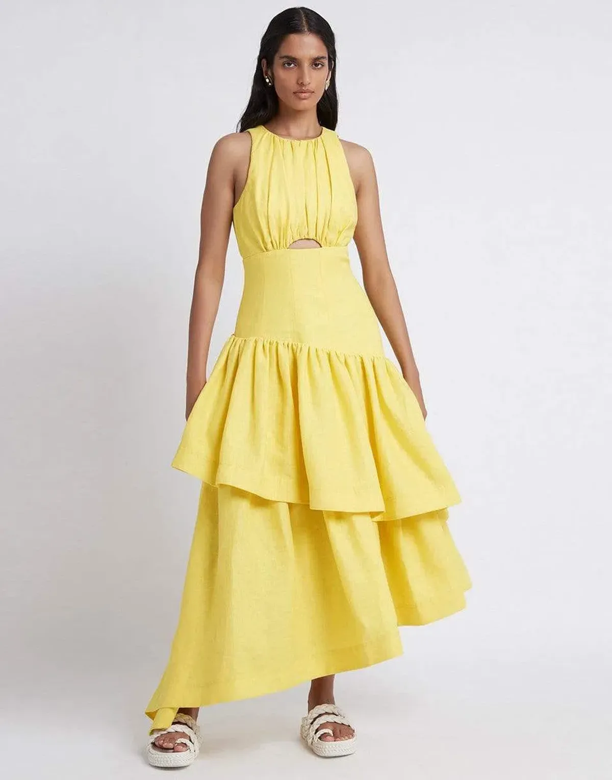 Aje Caliente Tiered Cut Out Midi Dress Yellow Size 14 - Image 1