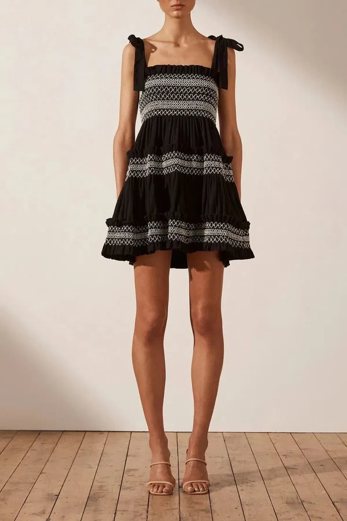 Shona Joy Leda Shirred Tiered Mini Dress Black Size 8 - Image 1