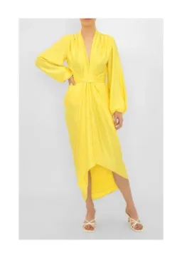 Carla Zampatti V-Neck Waterfall Dress Yellow Size 10 for rent on The Volte - image 1