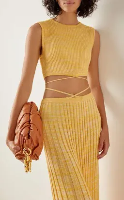 Christopher Esber Wrap Tie Knit Cropped Top and Pleated Knit Tie Midi Skirt Set Yellow Size 4 for rent on The Volte - image 3