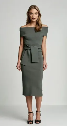 Scanlan Theodore Crepe Knit Off Shoulder Dress Safari Green Size S  for rent on The Volte - image 1