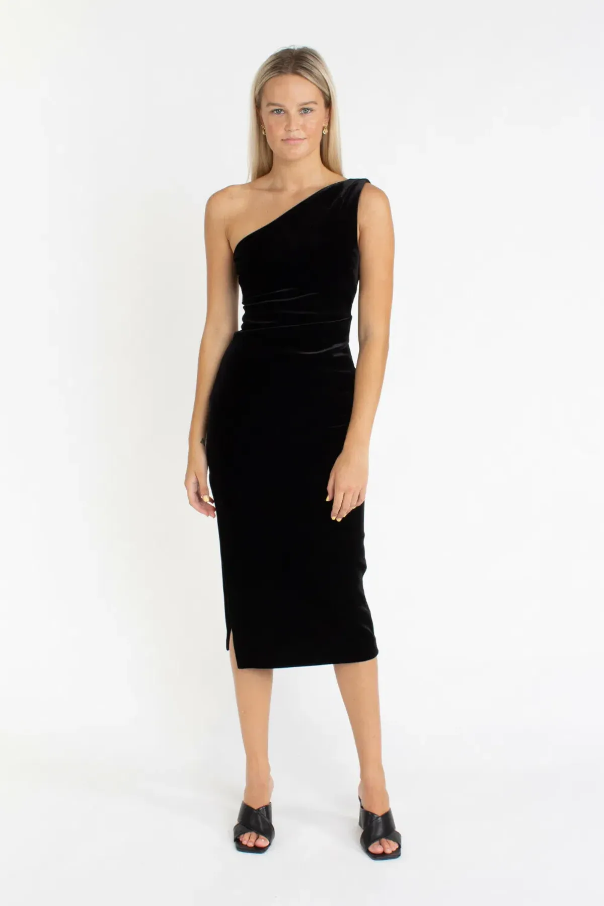 Bec & Bridge Oliviane Velvet Asymmetric Midi Dress Black Size 10 - Image 1