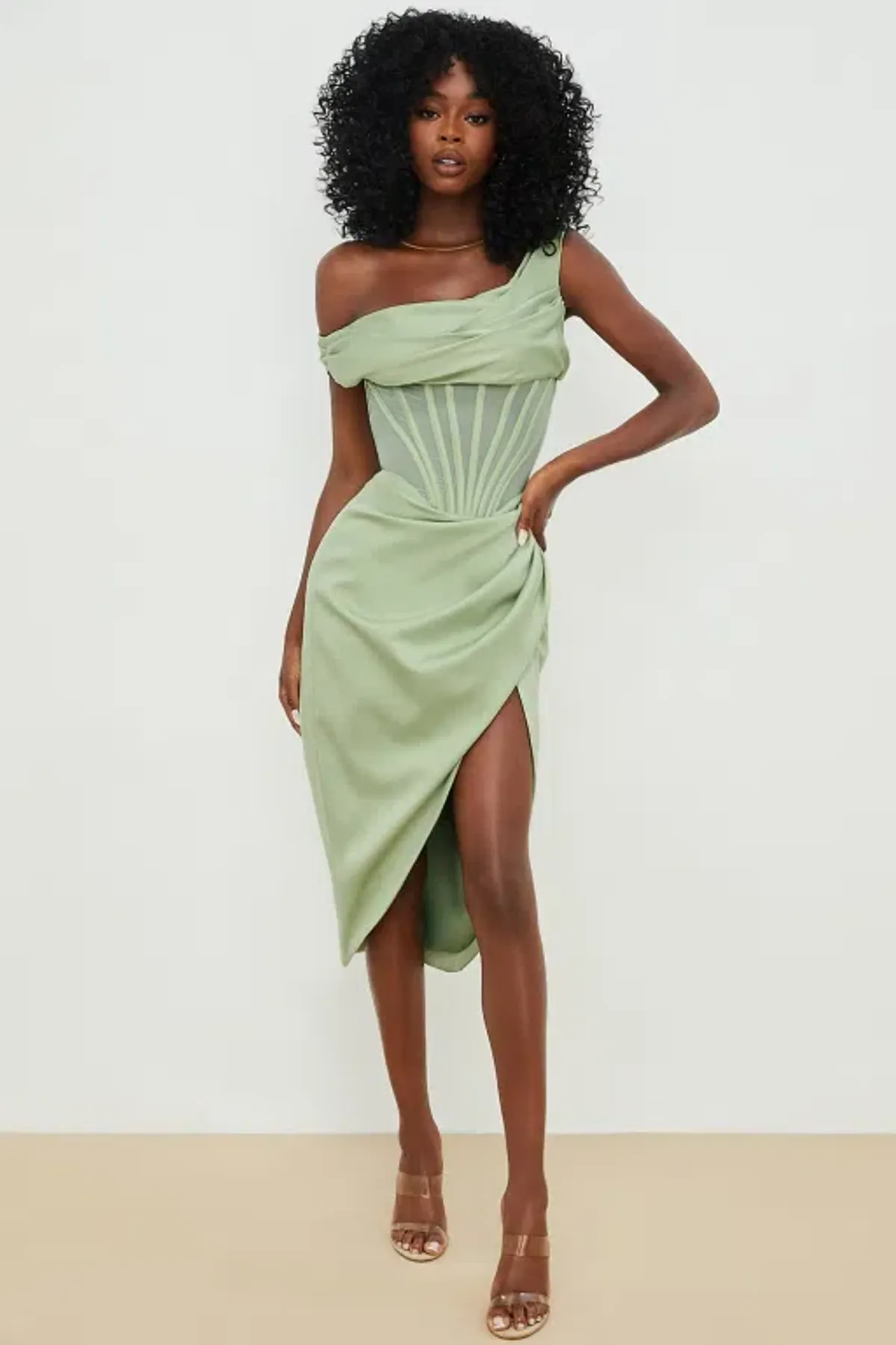 House of CB Lulu Pistachio Asymmetric Drape Corset Midi Dress Green Size 8 - Image 1