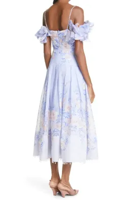 Zimmermann Postcard Bow Bodice Midi Dress Blue Floral Size 1 / Au 10 for rent on The Volte - image 2