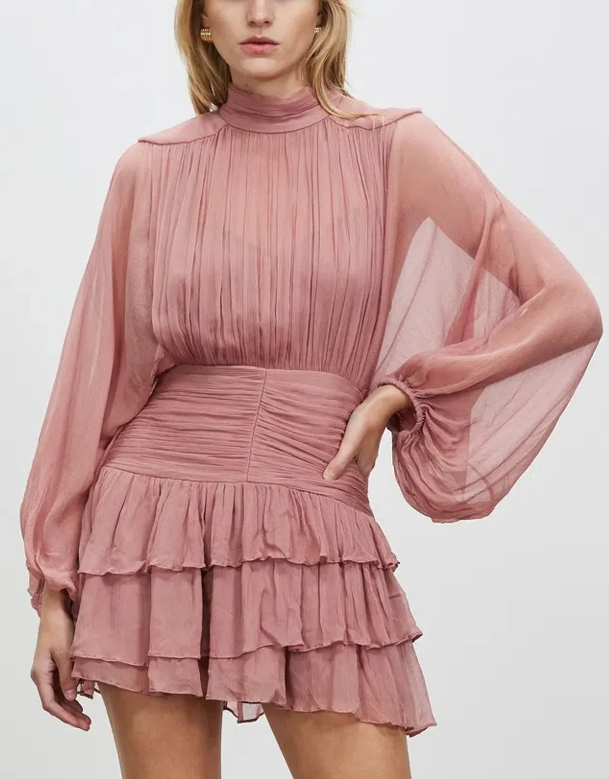 Shona Joy Olympia Long Sleeve Ruched Mini Dress in Antique Rose Pink Size 6 - Image 5