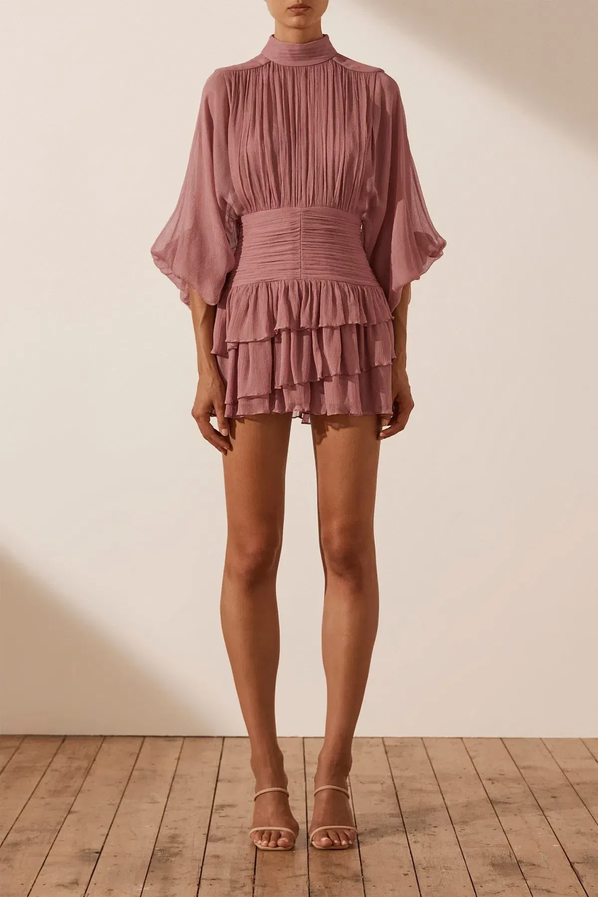 Shona Joy Olympia Long Sleeve Ruched Mini Dress in Antique Rose Pink Size 6 - Image 4