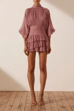 Shona Joy Olympia Long Sleeve Ruched Mini Dress in Antique Rose Pink Size 6 for rent on The Volte - image 4