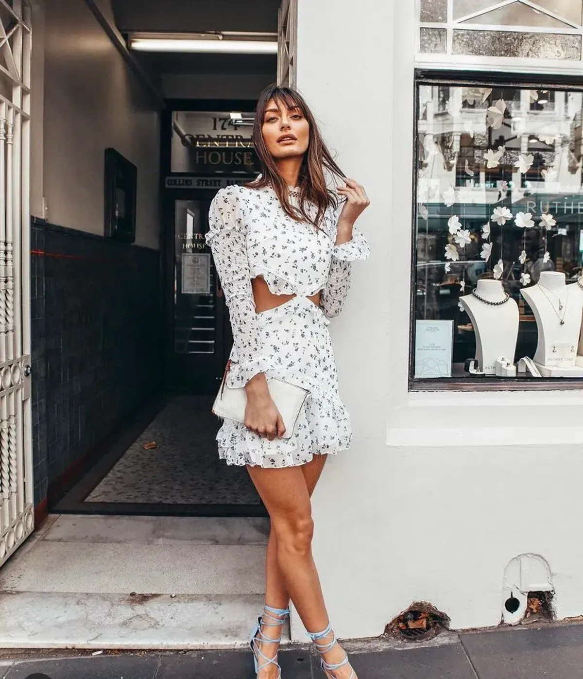 By Nicola Floral Gathered Cut Out Dress Print Size 8 - Image 4