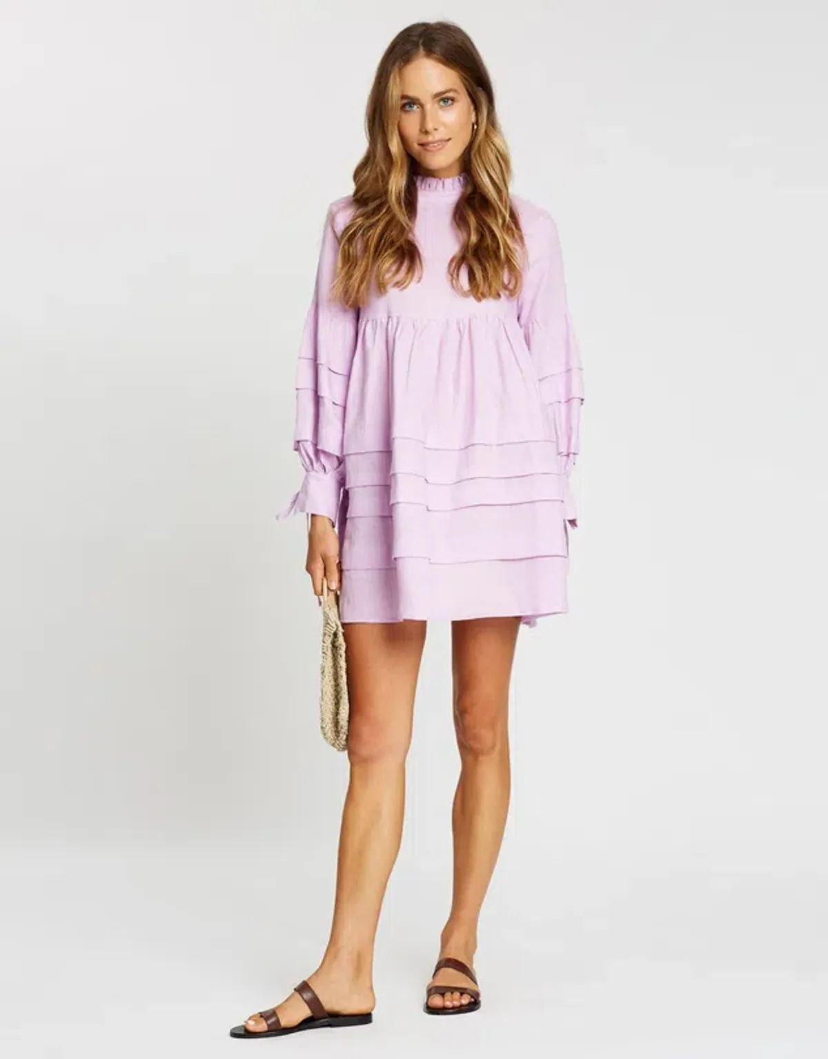 Aere Pleat Detail Linen Smock Dress Lilac Size 10 - Image 1