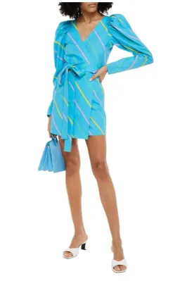 Rotate by Birger Christen Bridget Striped Cotton Poplin Mini Wrap Dress Blue Size 36 for rent on The Volte - image 1