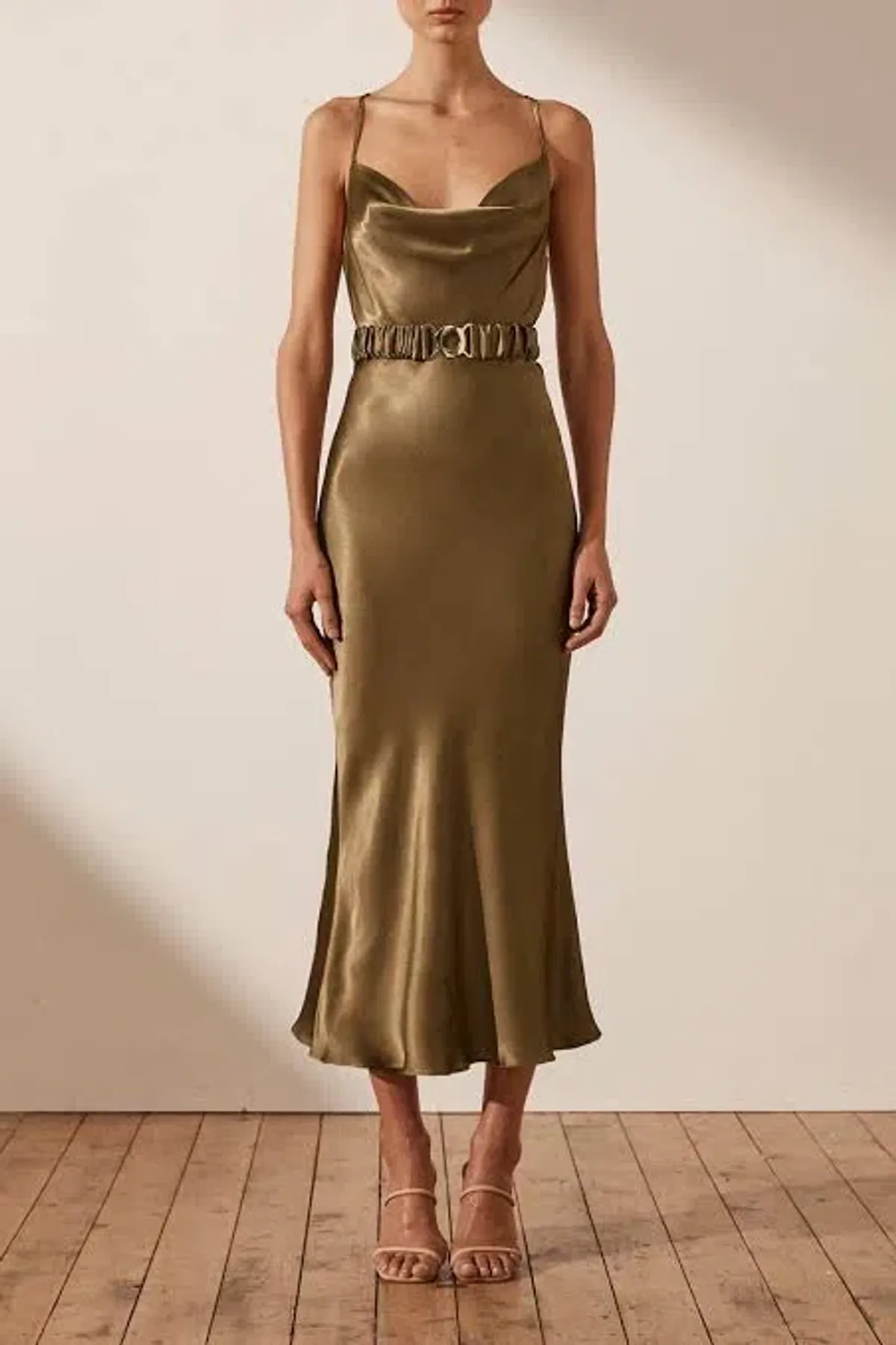 Shona Joy Gala Bias Midi Dress with Belt Warm Olive Green Size 8 - Image 1